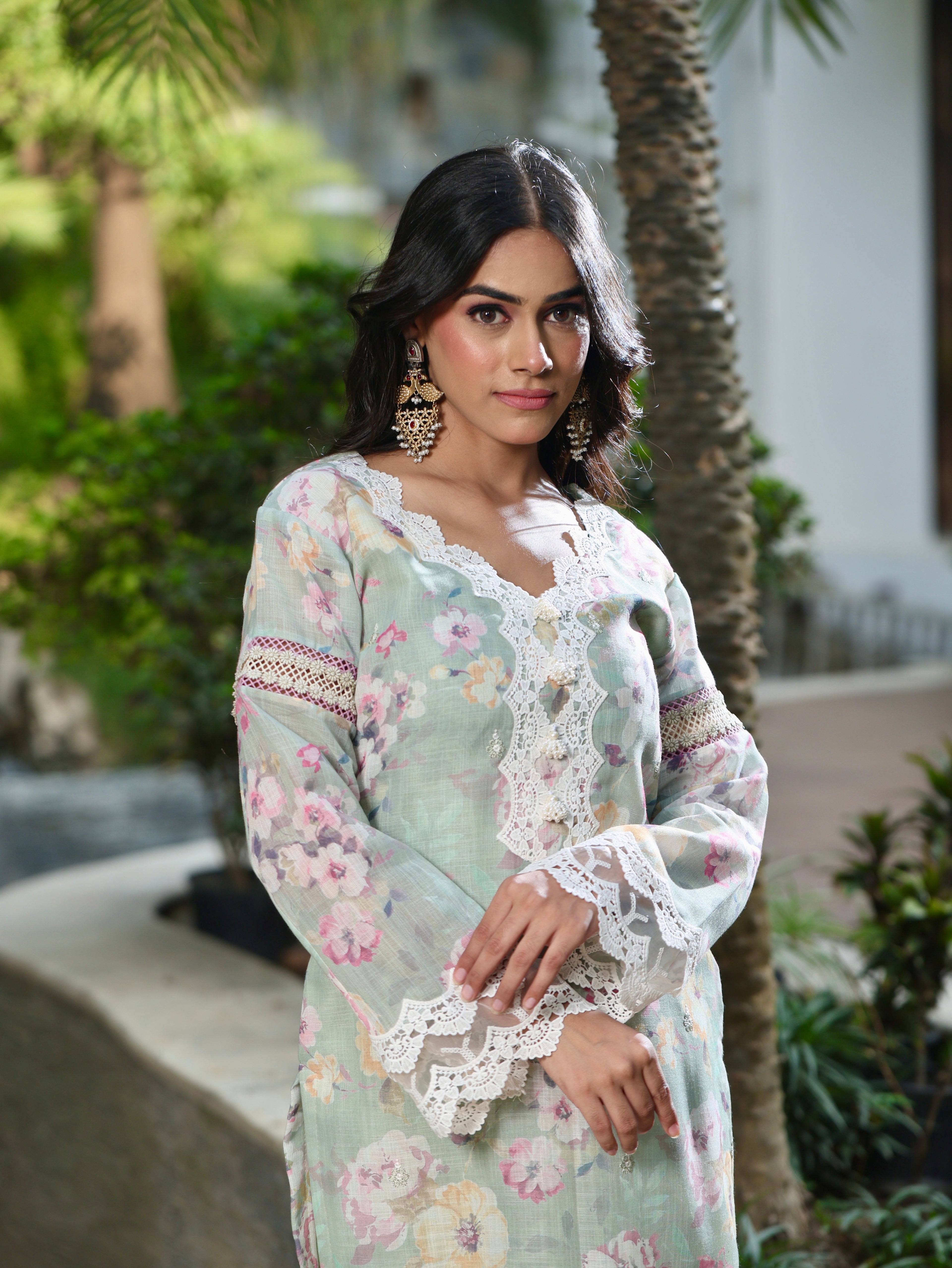 Noorain | Green Floral Printed Cotton Kurta Set