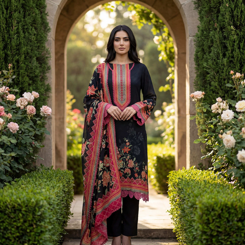 Meher | Black Floral Print Semi Stitched Crepe Kurta Set