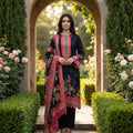 Meher | Black Floral Print Semi Stitched Crepe Kurta Set
