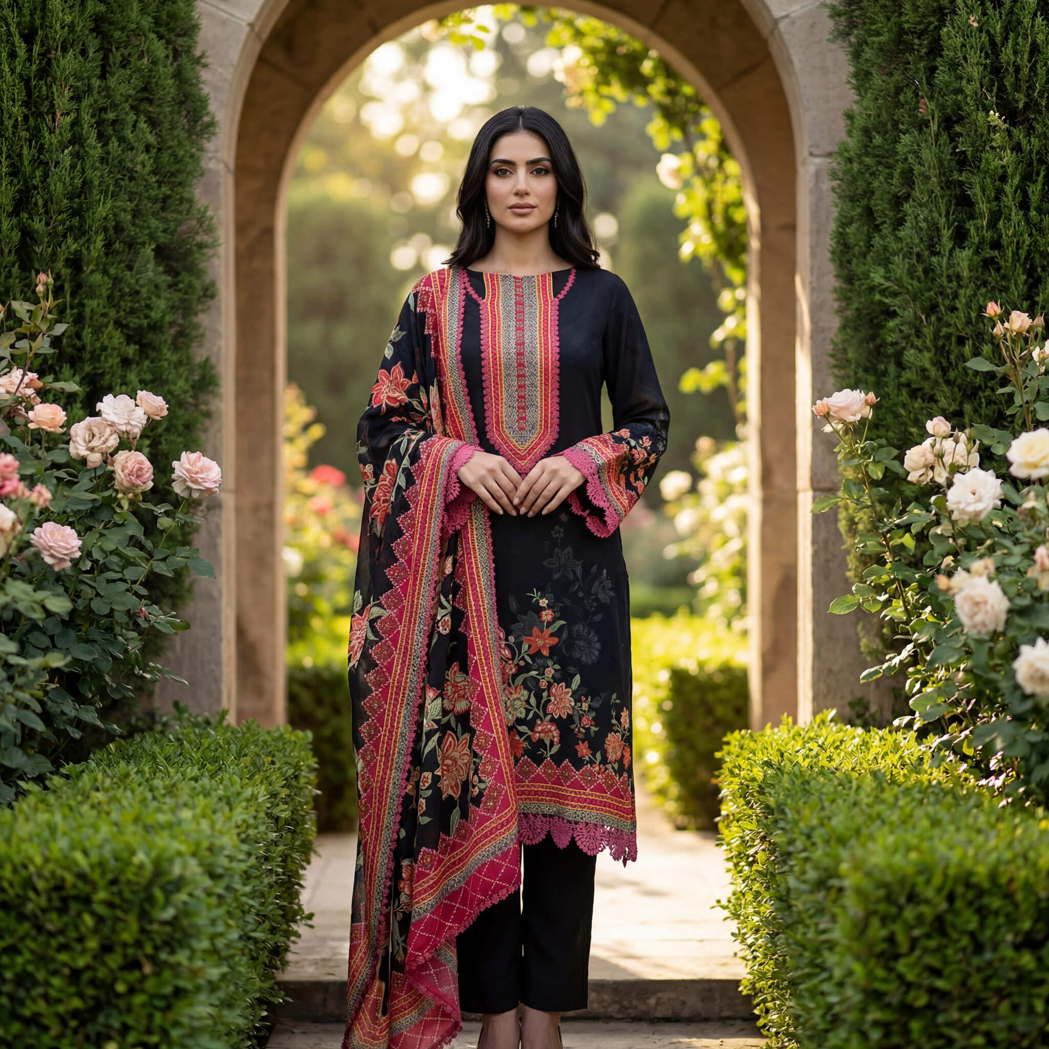 Meher | Black Floral Print Semi Stitched Crepe Kurta Set