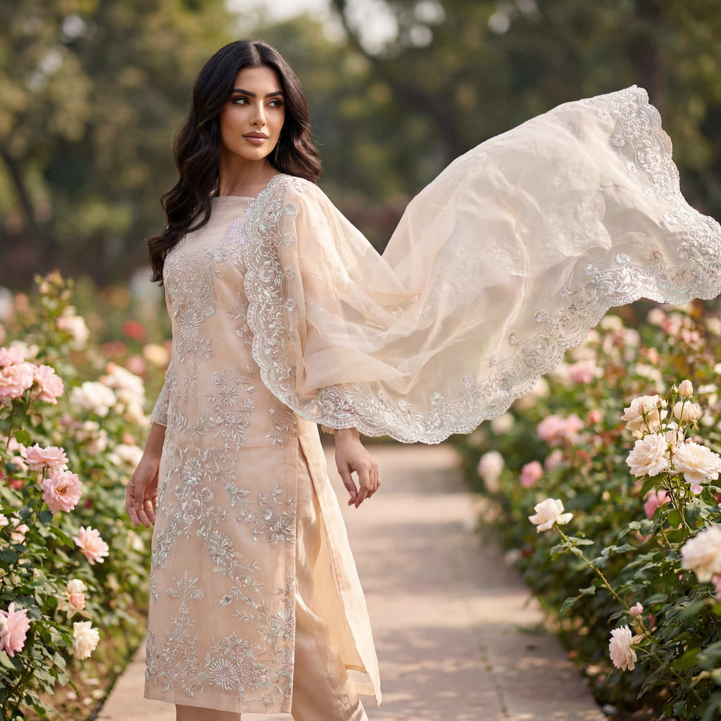 Alia | Pink Embroidered Semi Stitched Organza Kurta Set