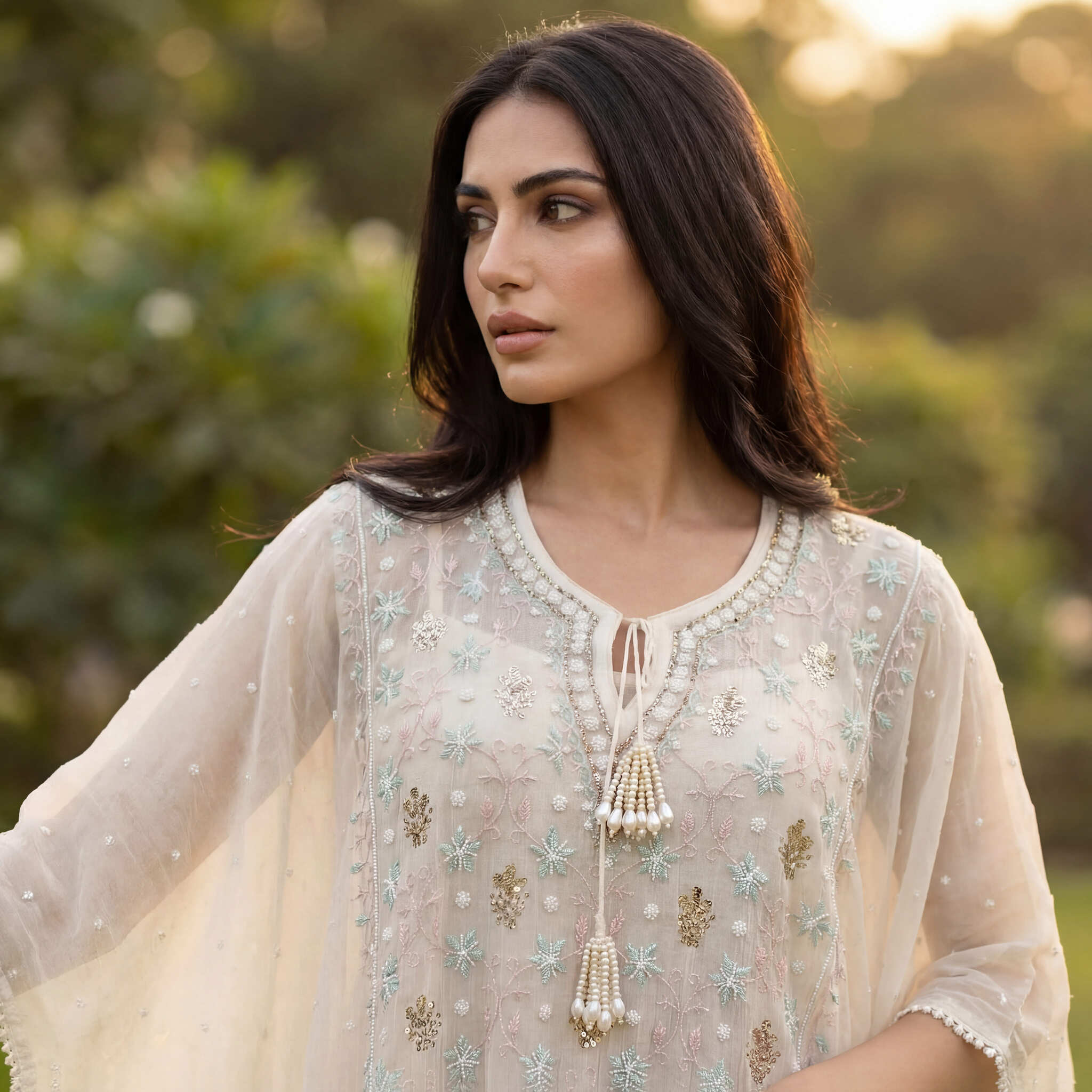 Roshni | White Semi Stitched Cotton Kaftan