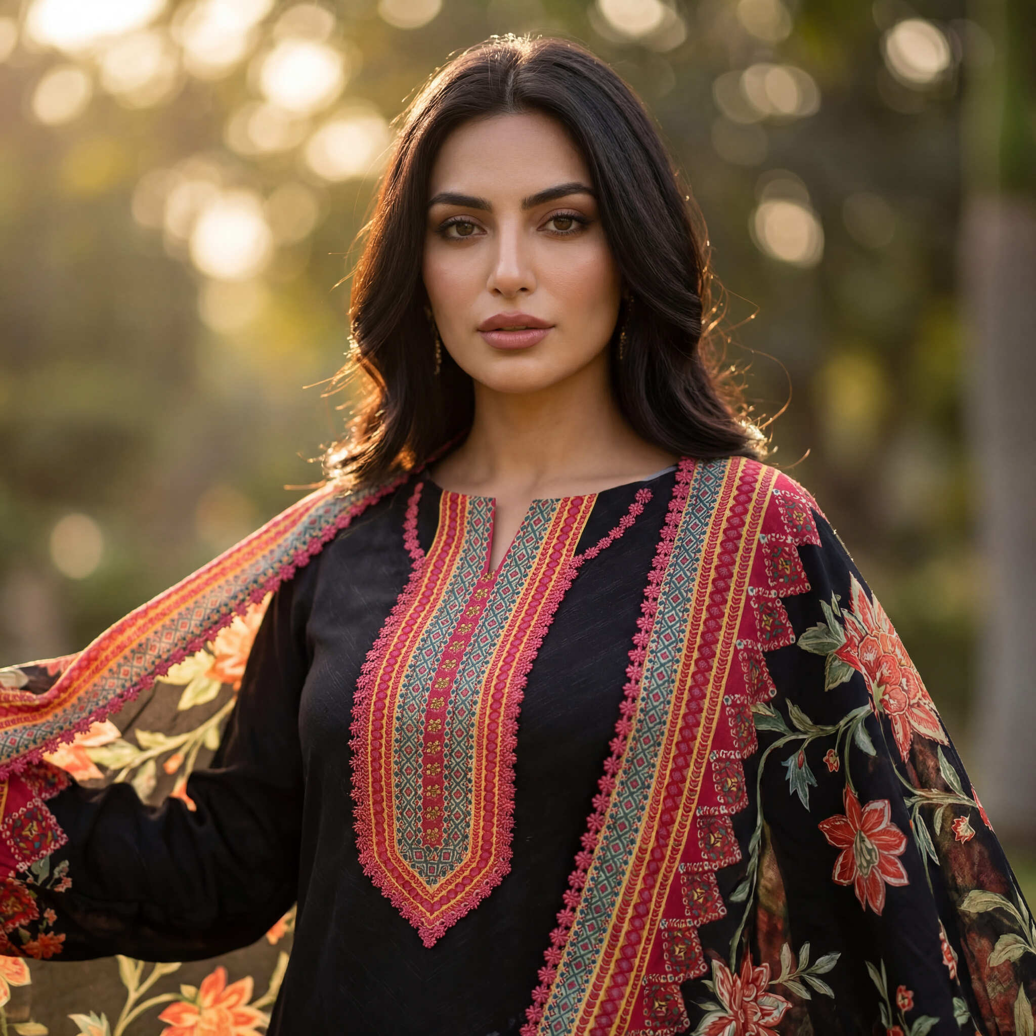 Meher | Black Floral Print Semi Stitched Crepe Kurta Set