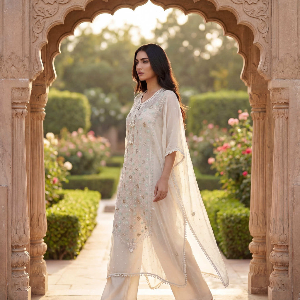 Roshni | White Semi Stitched Cotton Kaftan