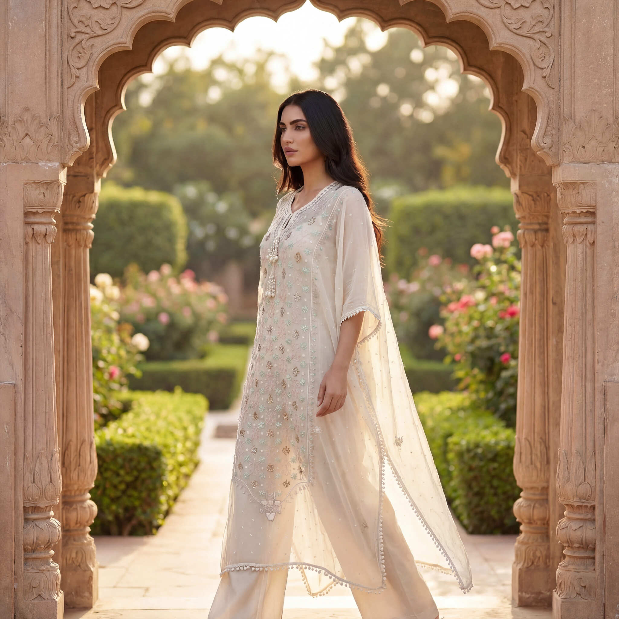 Roshni | White Semi Stitched Cotton Kaftan