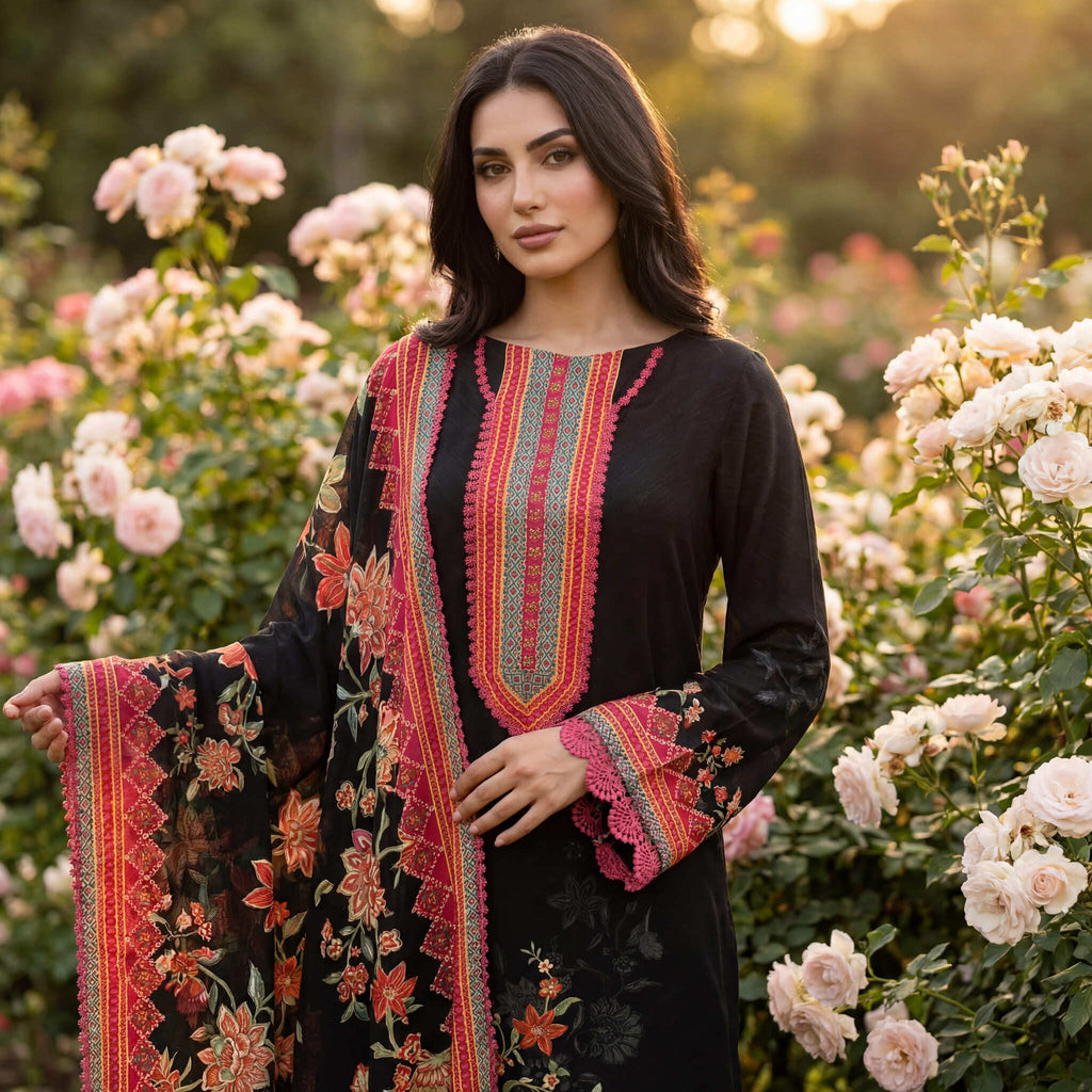 Meher | Black Floral Print Semi Stitched Crepe Kurta Set