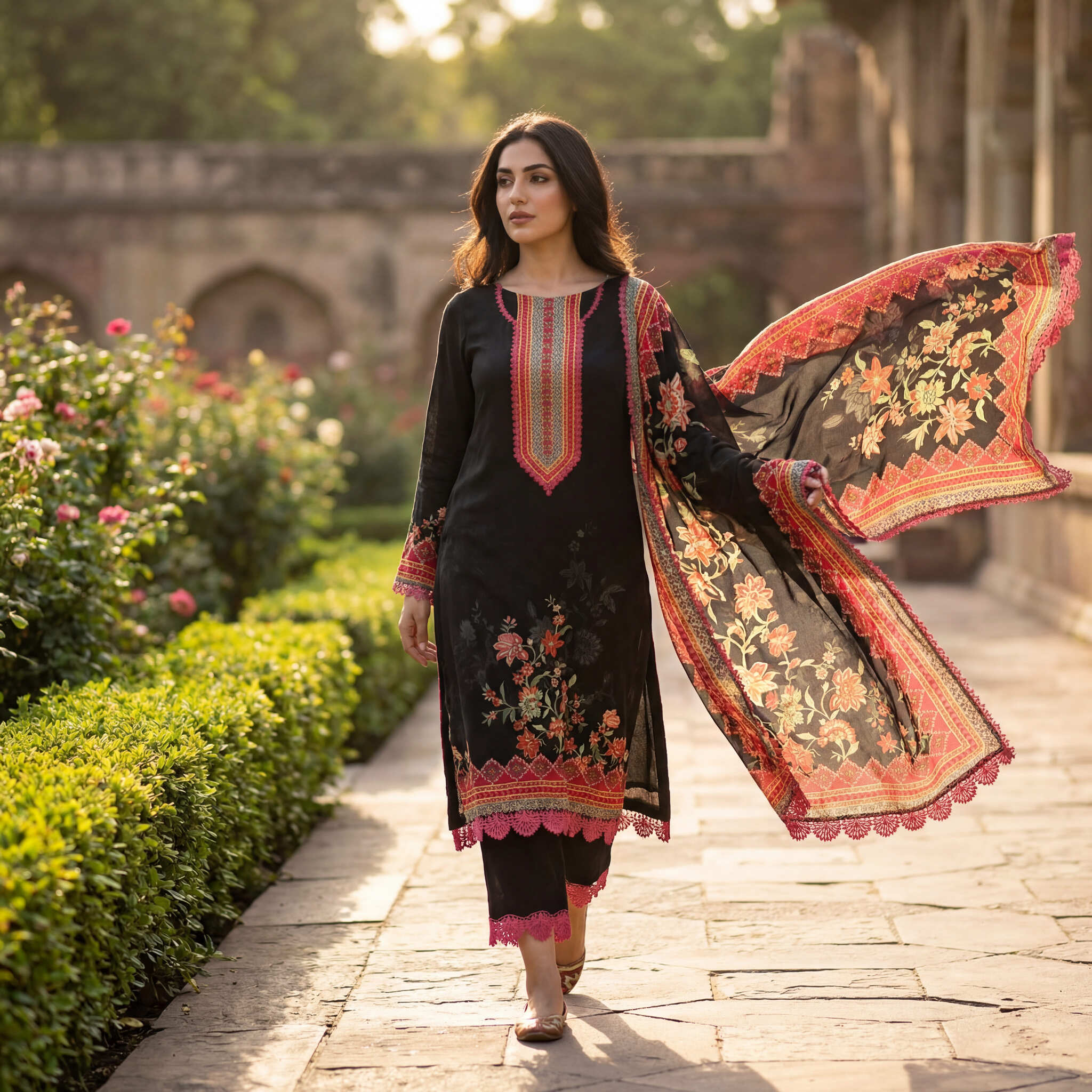 Meher | Black Floral Print Semi Stitched Crepe Kurta Set