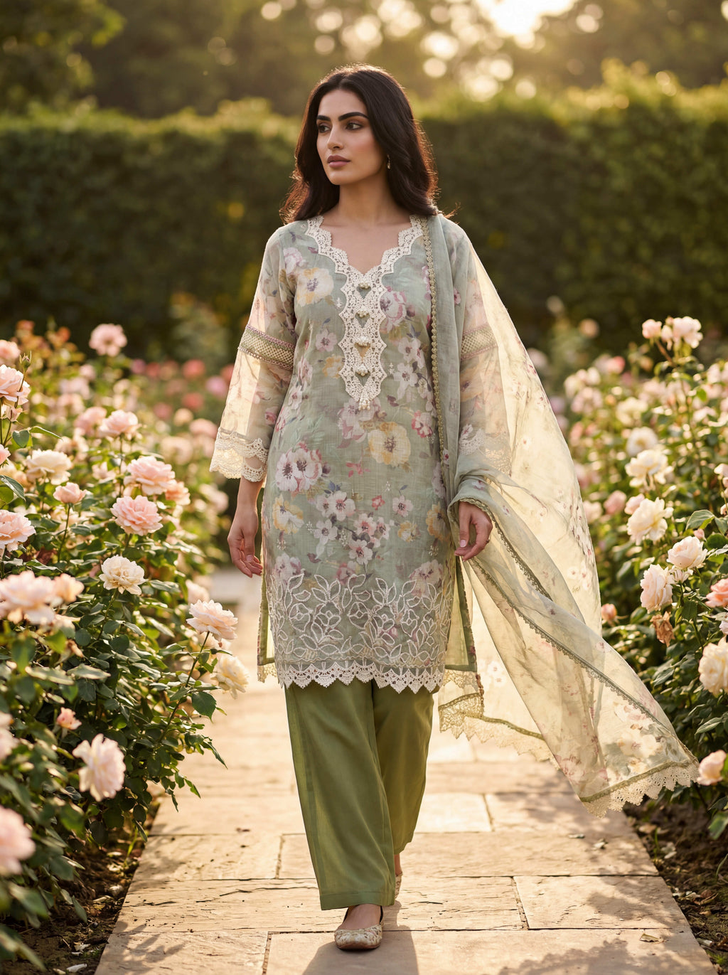Noorain | Green Floral Printed Cotton Kurta Set