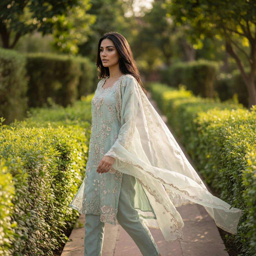 Aiyana | Blue Embroidered Semi Stitched Organza Kurta Set