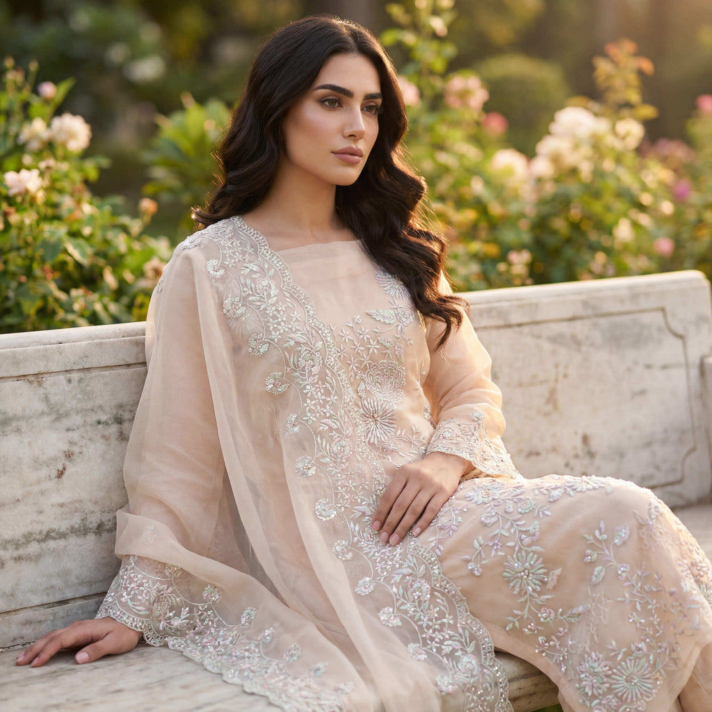 Alia | Pink Embroidered Semi Stitched Organza Kurta Set