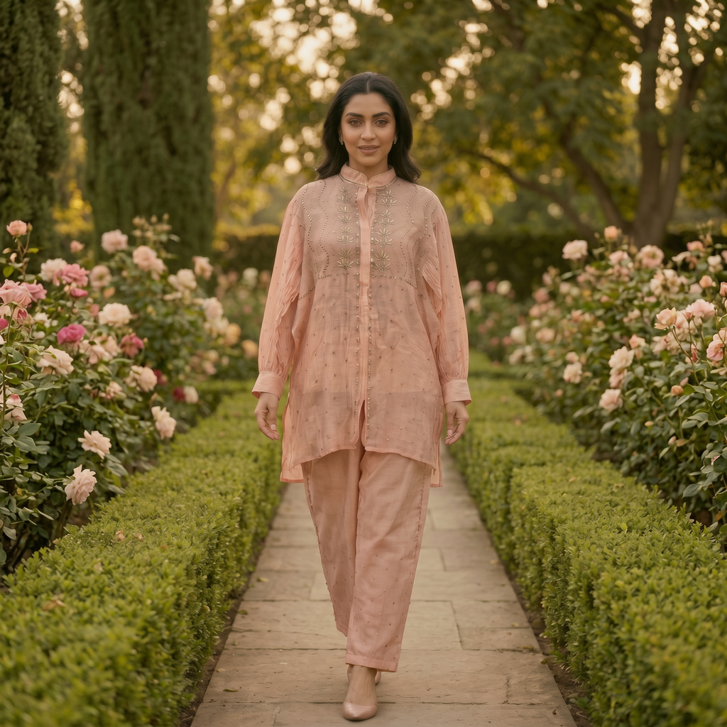 Alina | Peach Mukaish Chanderi Co-ord Set