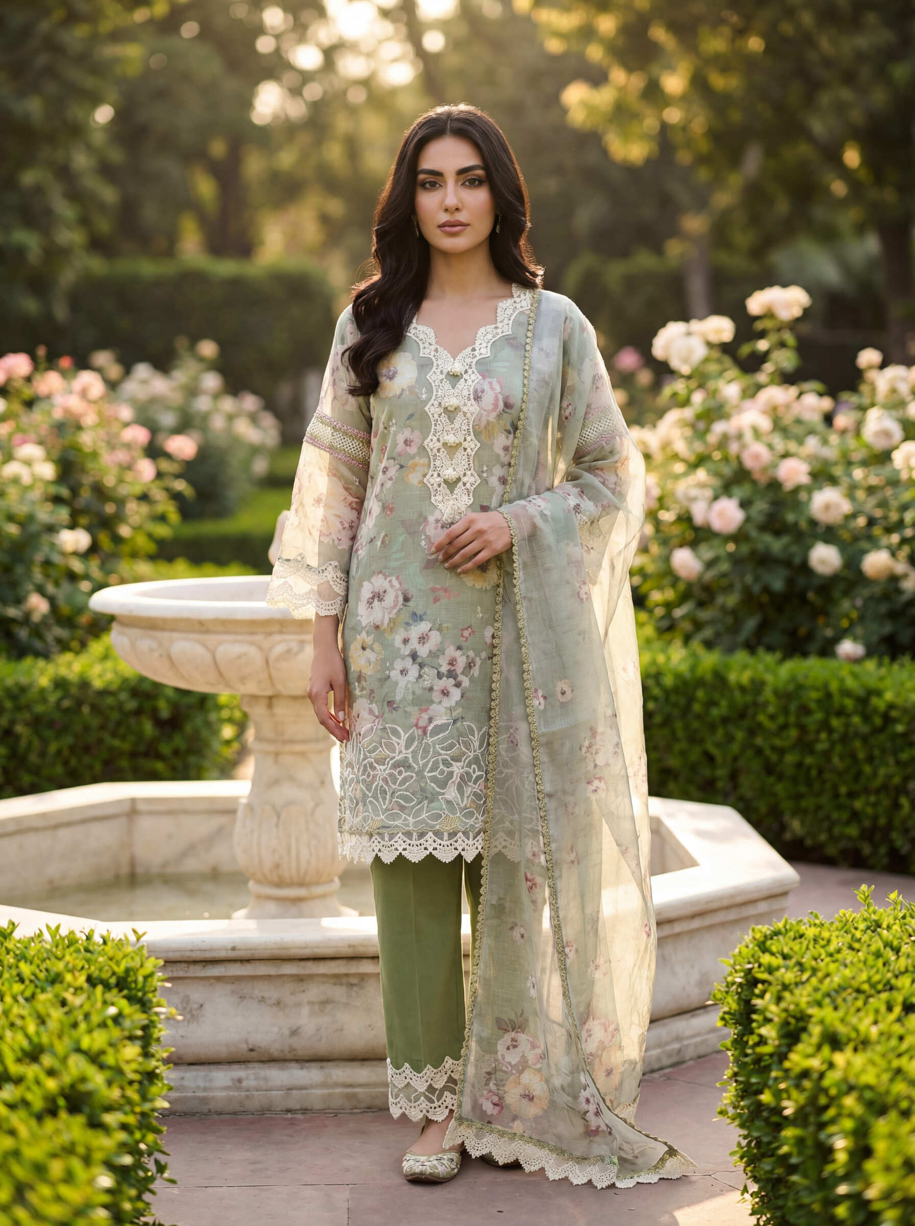 Noorain | Green Floral Printed Cotton Kurta Set