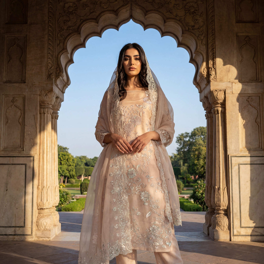Alia | Pink Embroidered Semi Stitched Organza Kurta Set
