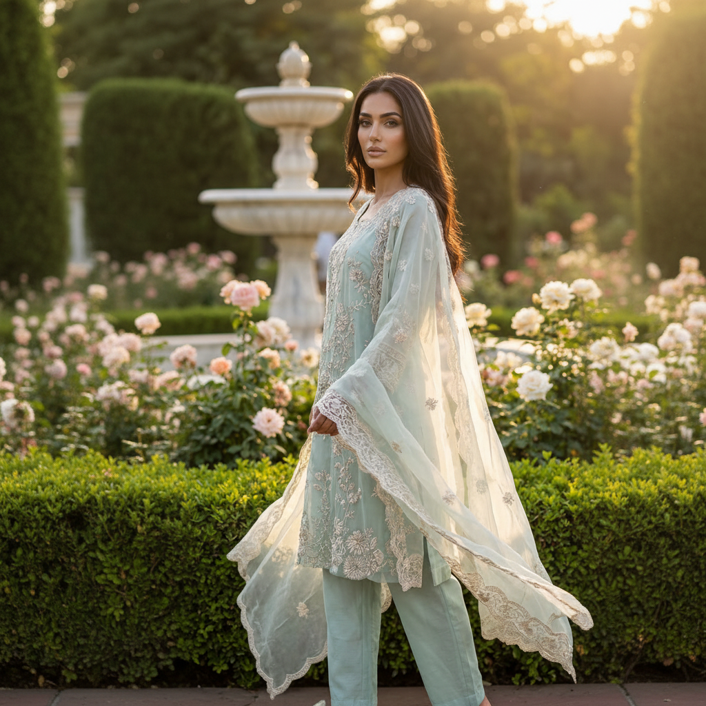 Aiyana | Blue Embroidered Semi Stitched Organza Kurta Set