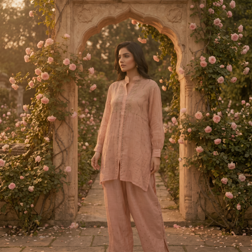 Alina | Peach Mukaish Chanderi Co-ord Set