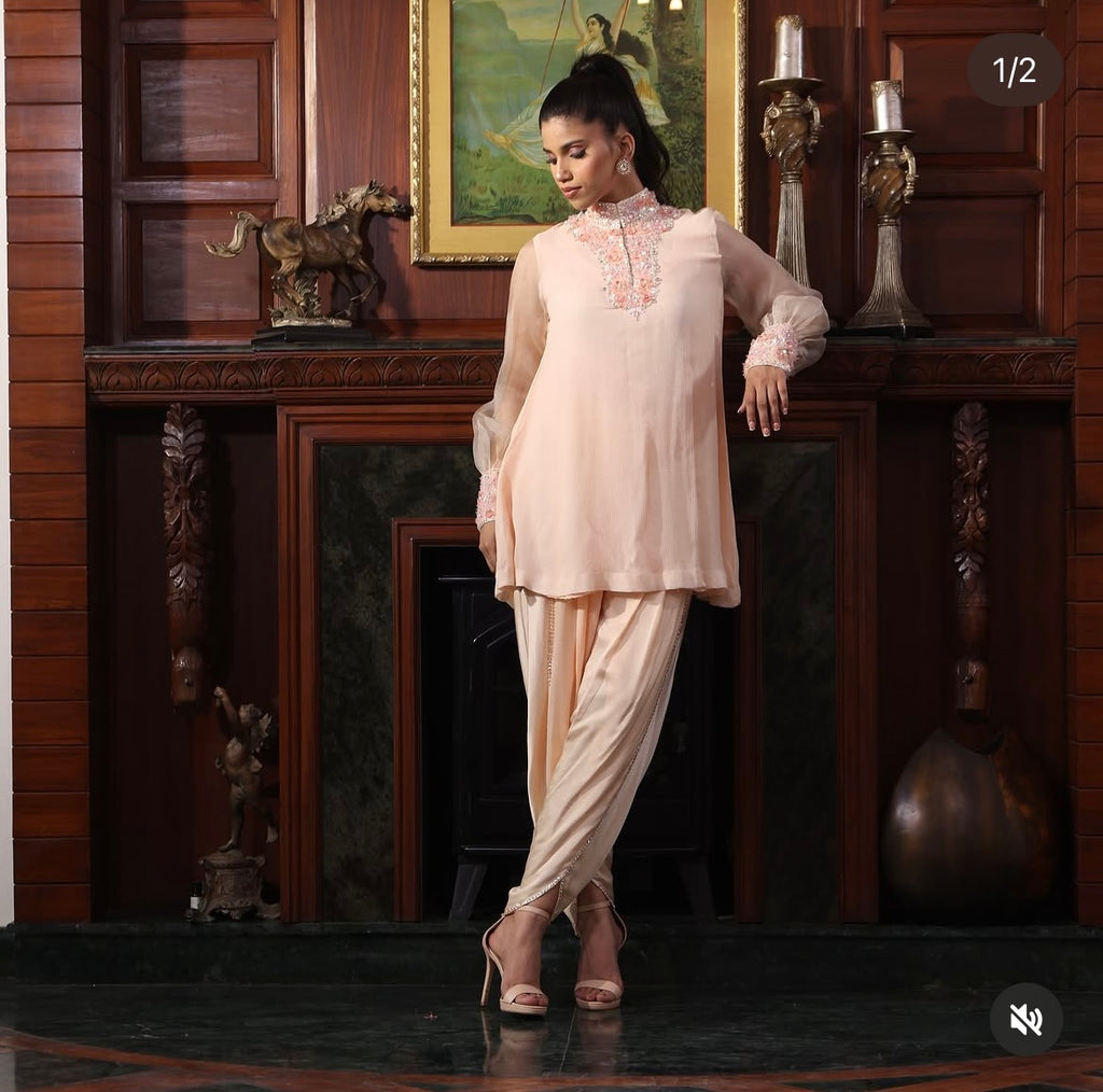 Peach net flowers kurta set