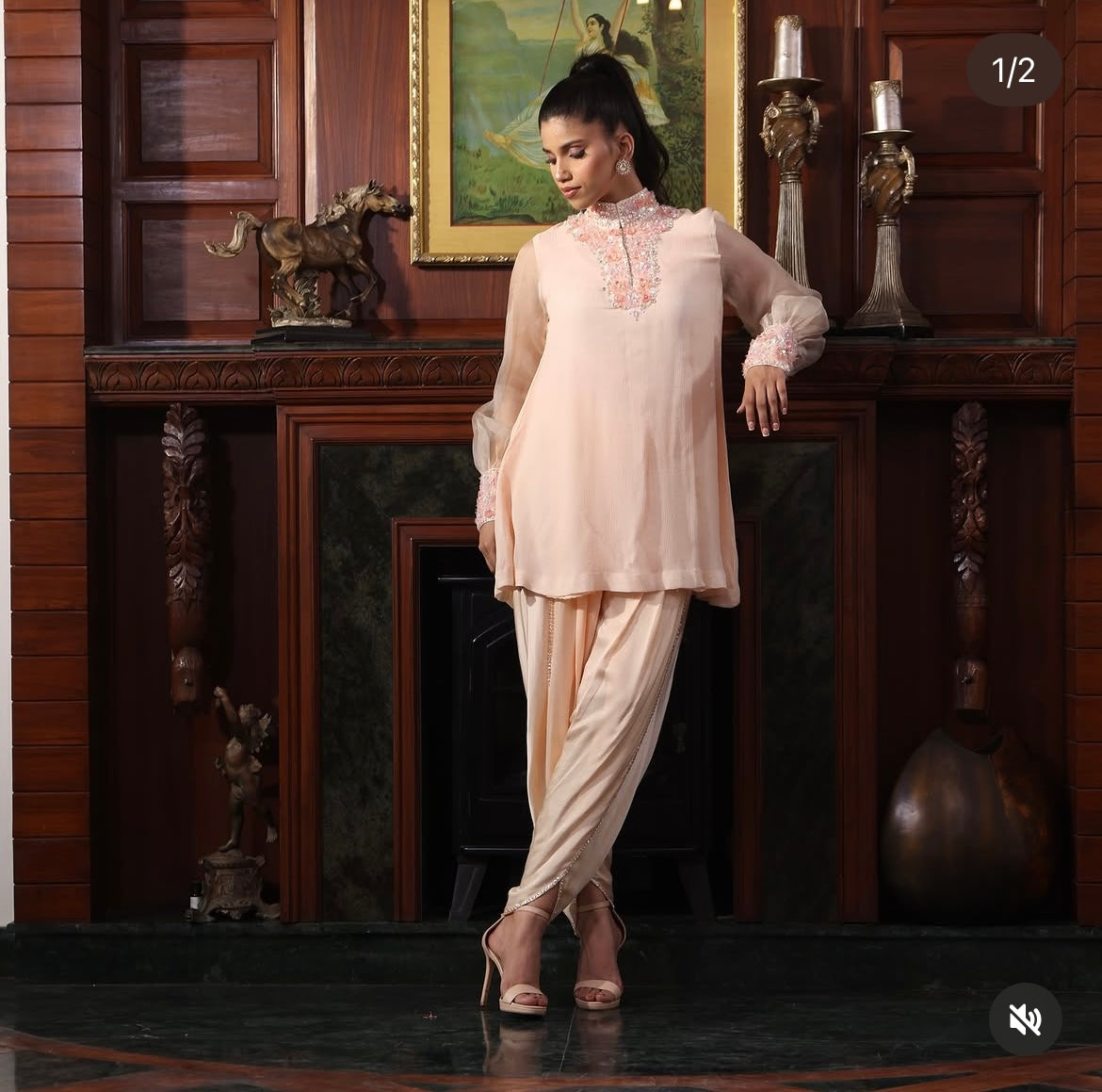 Peach net flowers kurta set