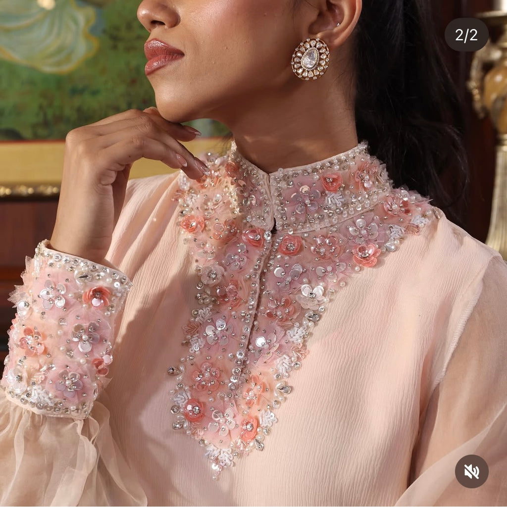 Peach net flowers kurta set