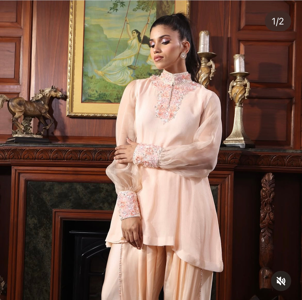 Peach net flowers kurta set