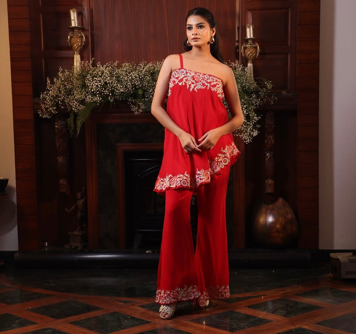 Red single shoulder floral