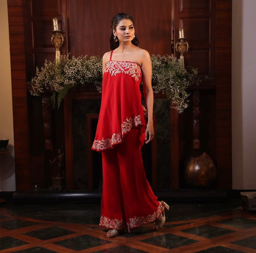 Red single shoulder floral