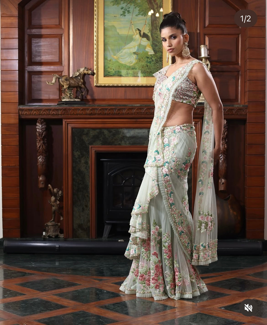 Green floral drape saree