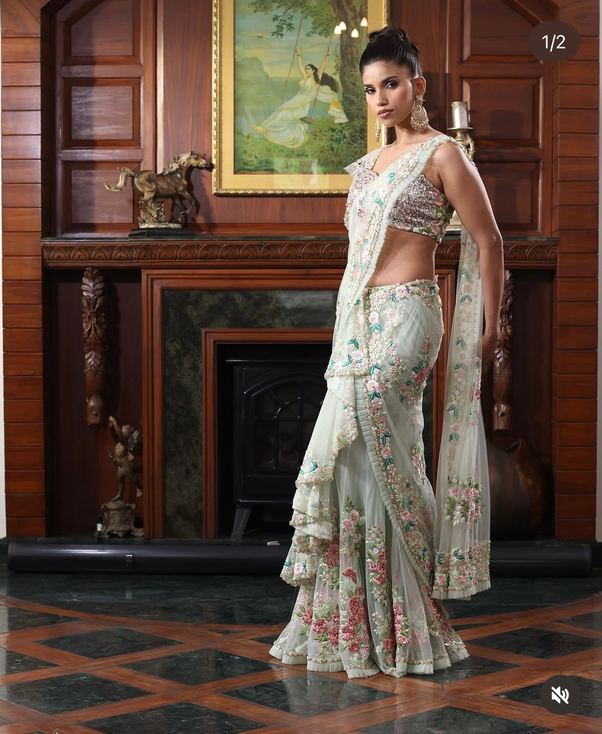 Green floral drape saree