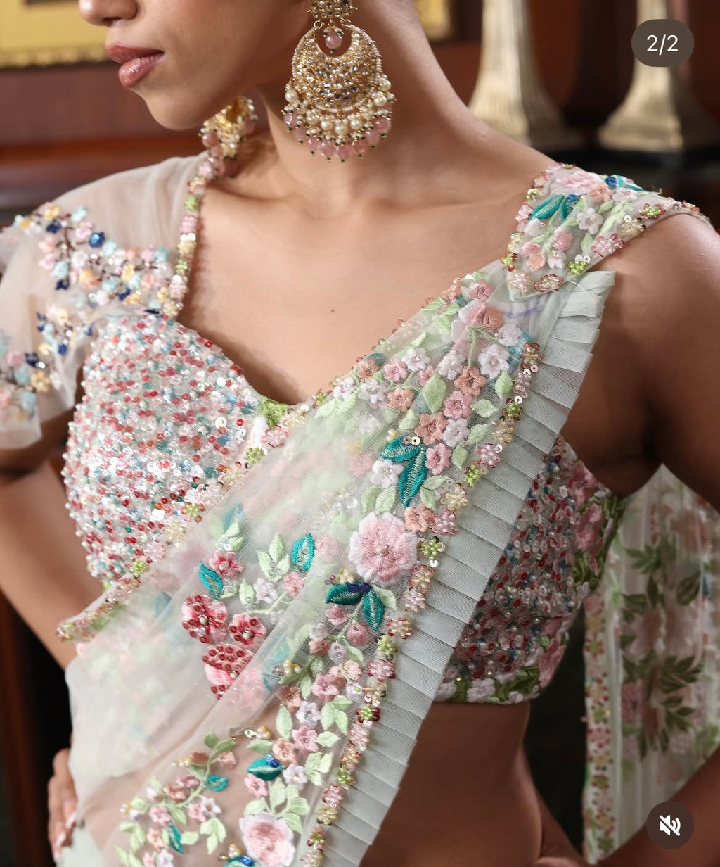 Green floral drape saree