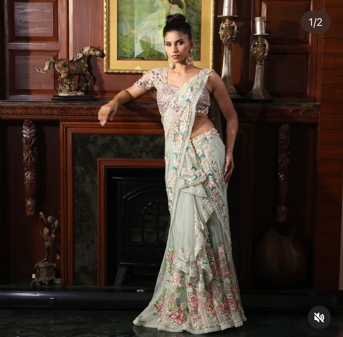Green floral drape saree
