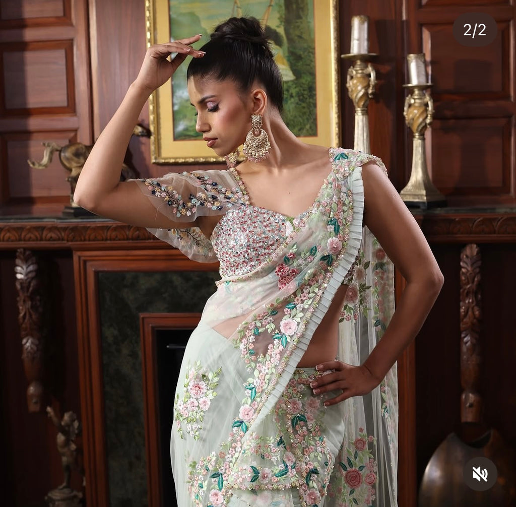 Green floral drape saree