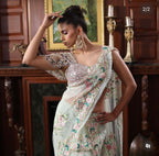 Green floral drape saree