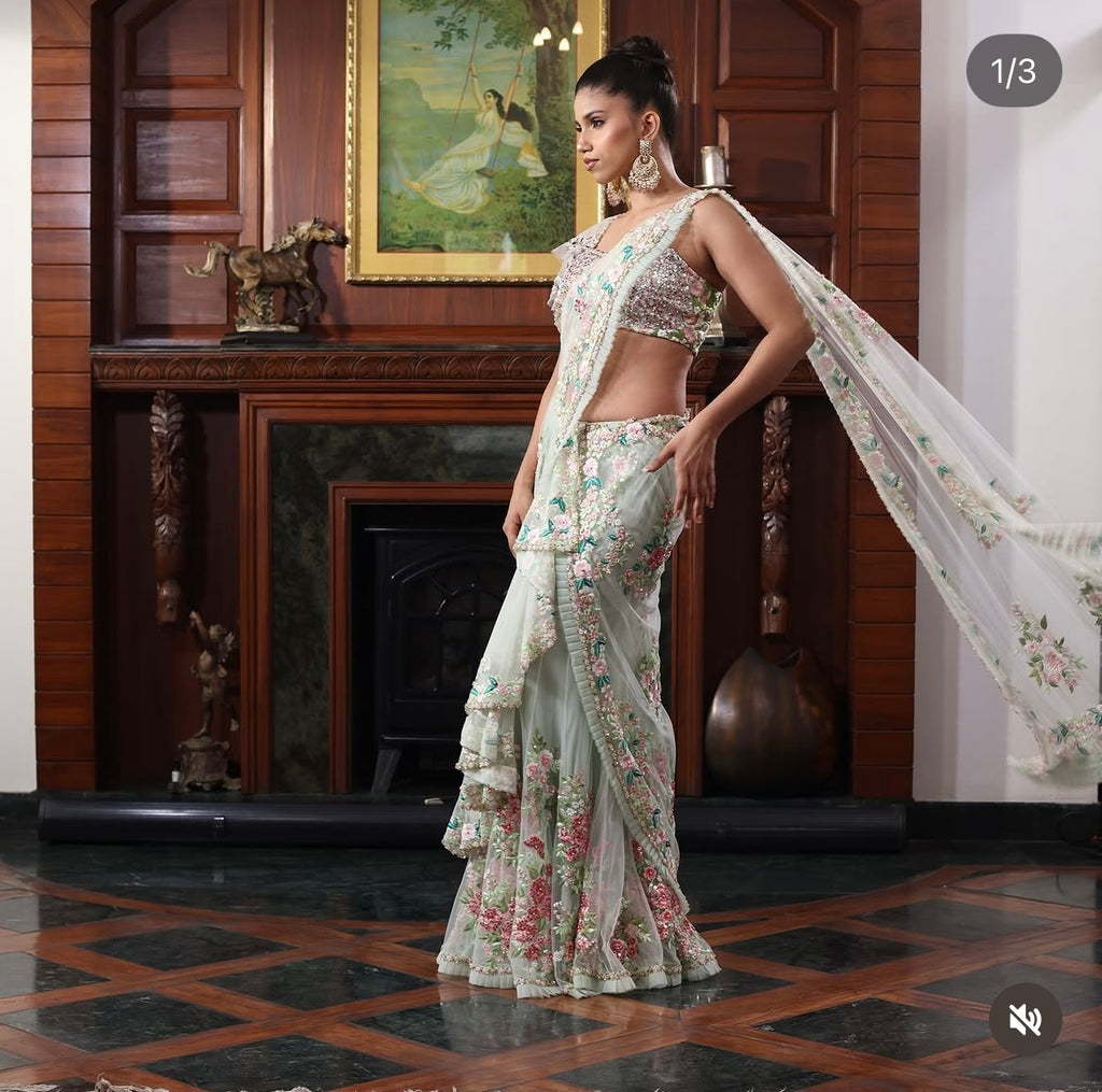 Green floral drape saree