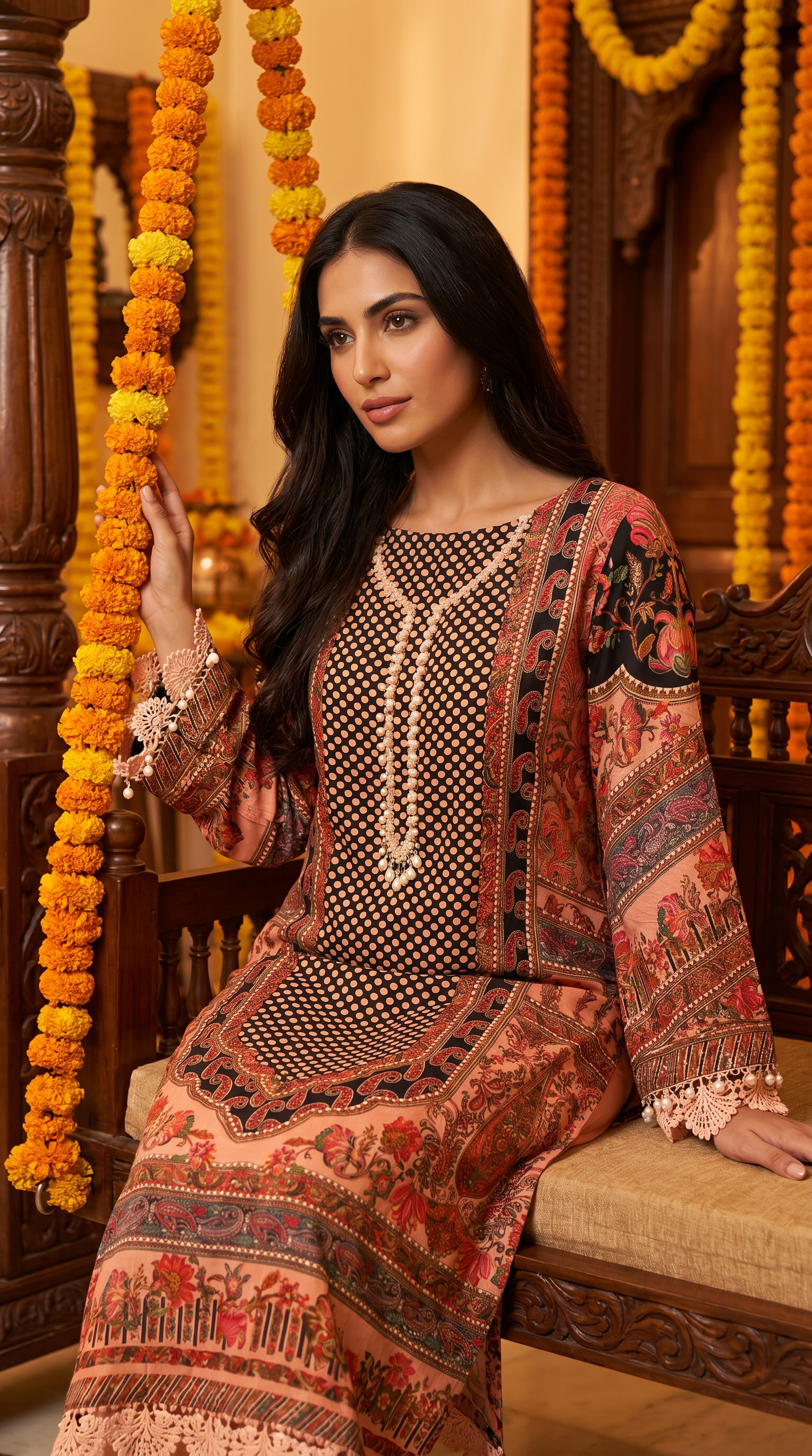 Reha | Black and Pink Printed Semi Stitched Crepe Kurta Suit Set