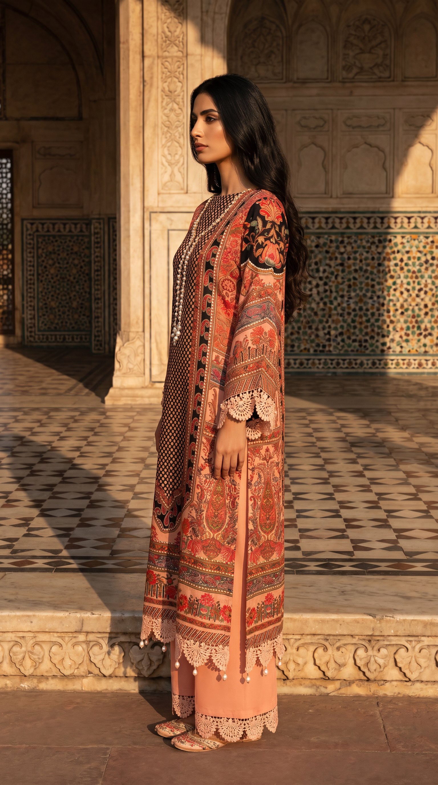 Reha | Black and Pink Printed Semi Stitched Crepe Kurta Suit Set