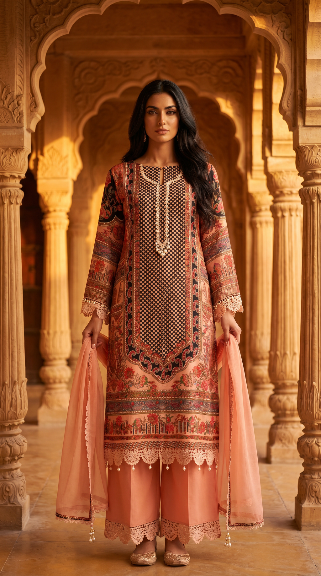 Reha | Black and Pink Printed Semi Stitched Crepe Kurta Suit Set