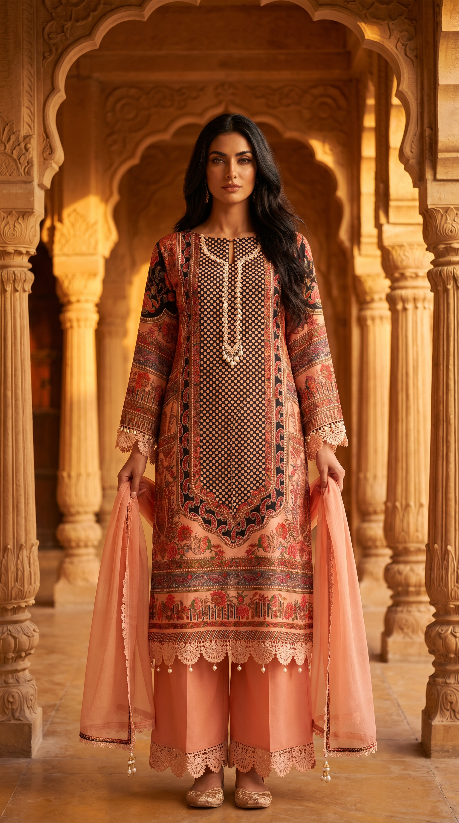 Reha | Black and Pink Printed Semi Stitched Crepe Kurta Suit Set