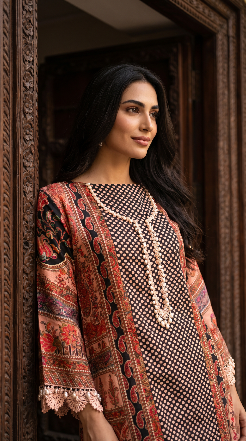 Reha | Black and Pink Printed Semi Stitched Crepe Kurta Suit Set
