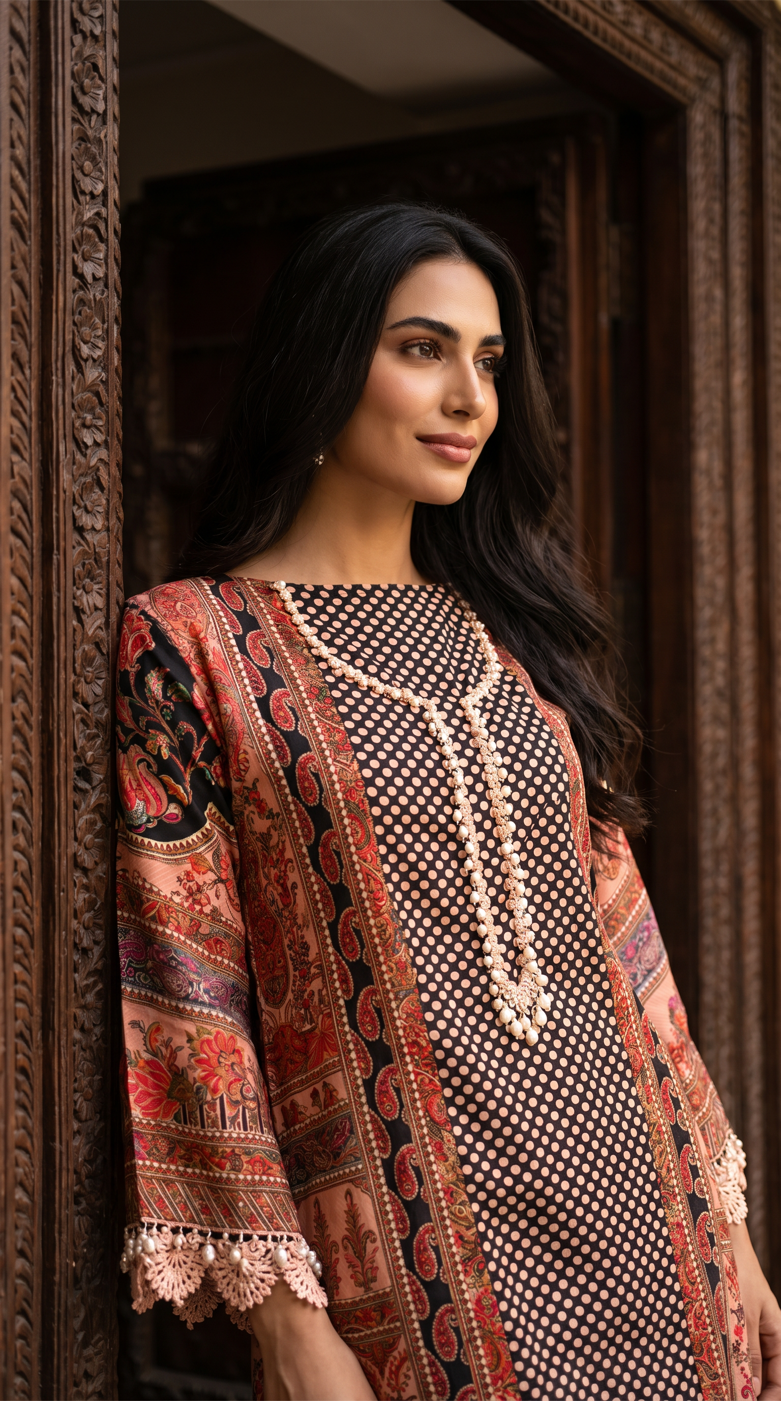 Reha | Black and Pink Printed Semi Stitched Crepe Kurta Suit Set