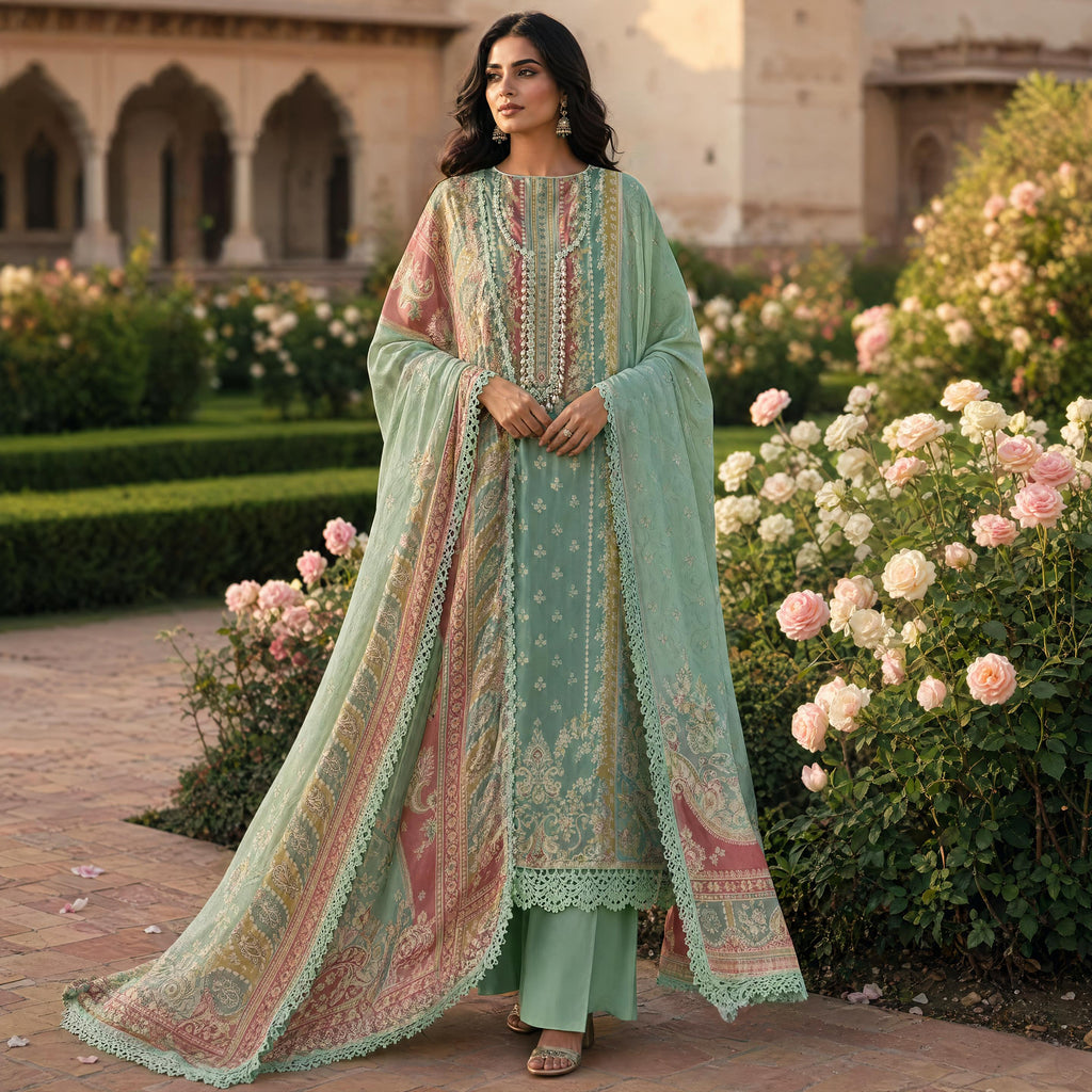 Syrah | Teal Printed Semi Stitched Crepe Suit Set