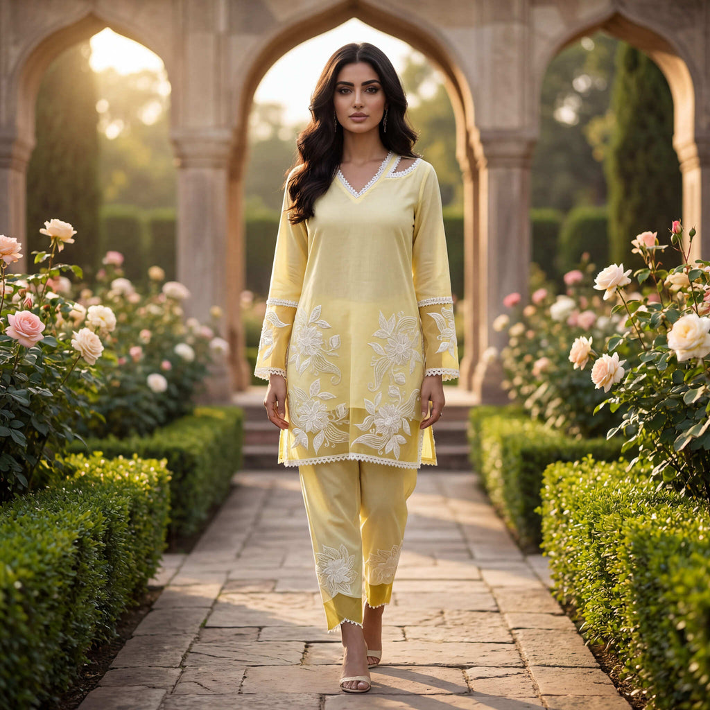 Noor | Yellow Linen Satin Kurta Set