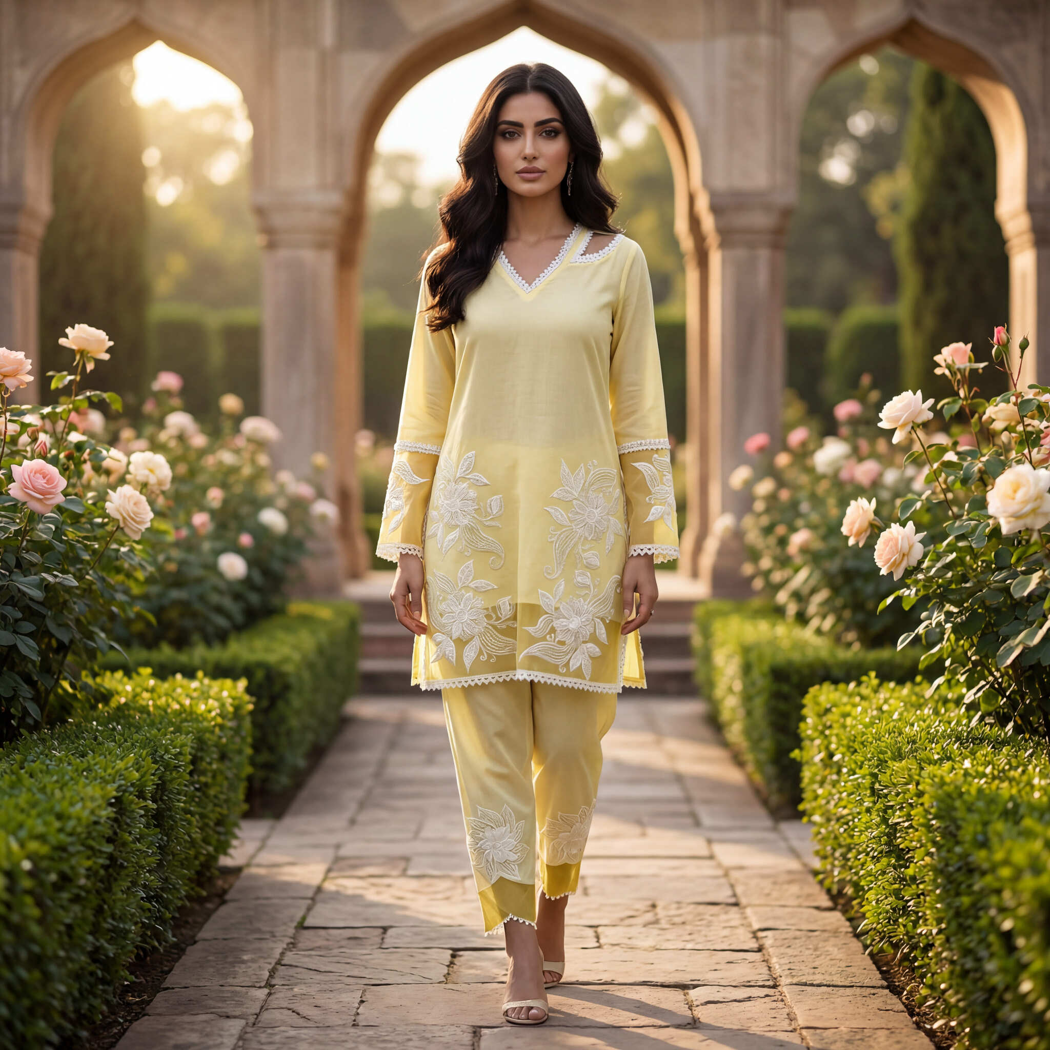 Noor | Yellow Linen Satin Kurta Set