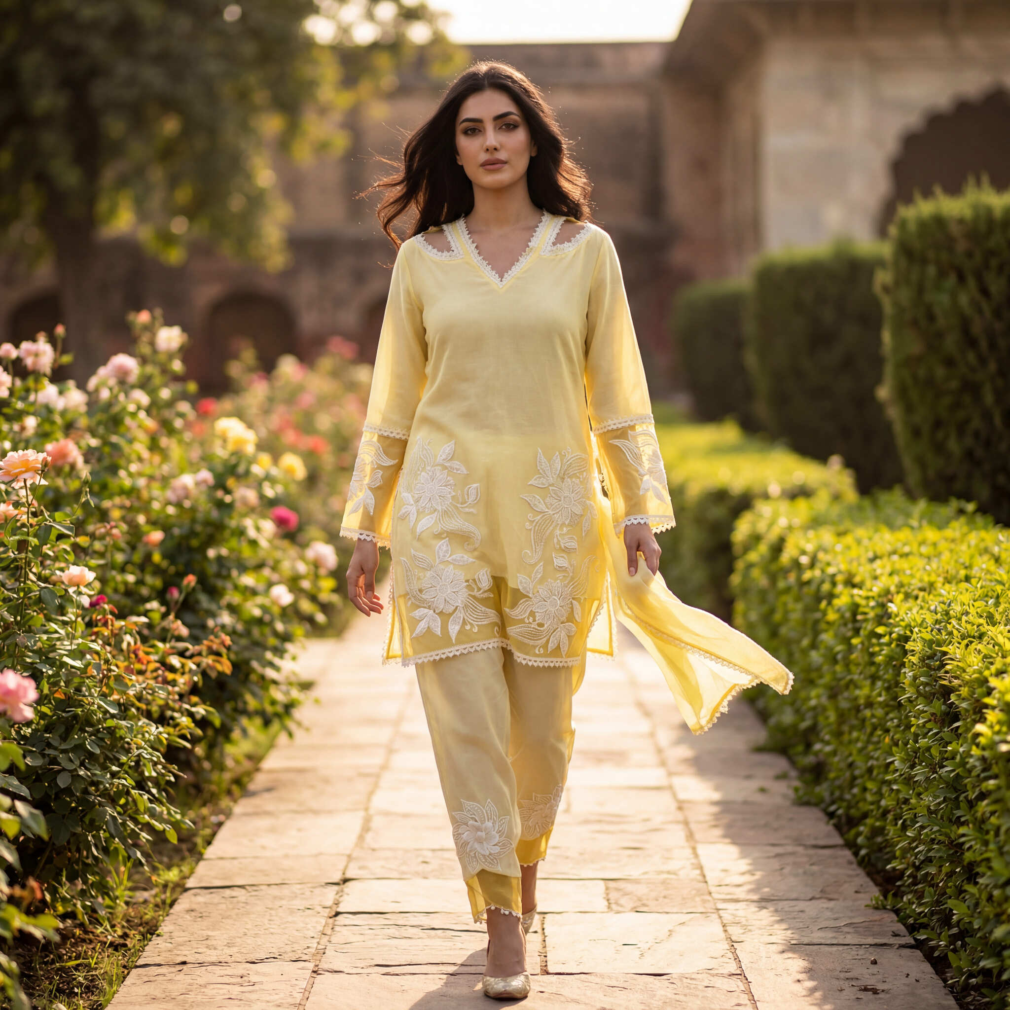Noor | Yellow Linen Satin Kurta Set