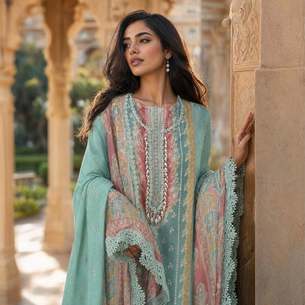 Syrah | Teal Printed Semi Stitched Crepe Suit Set