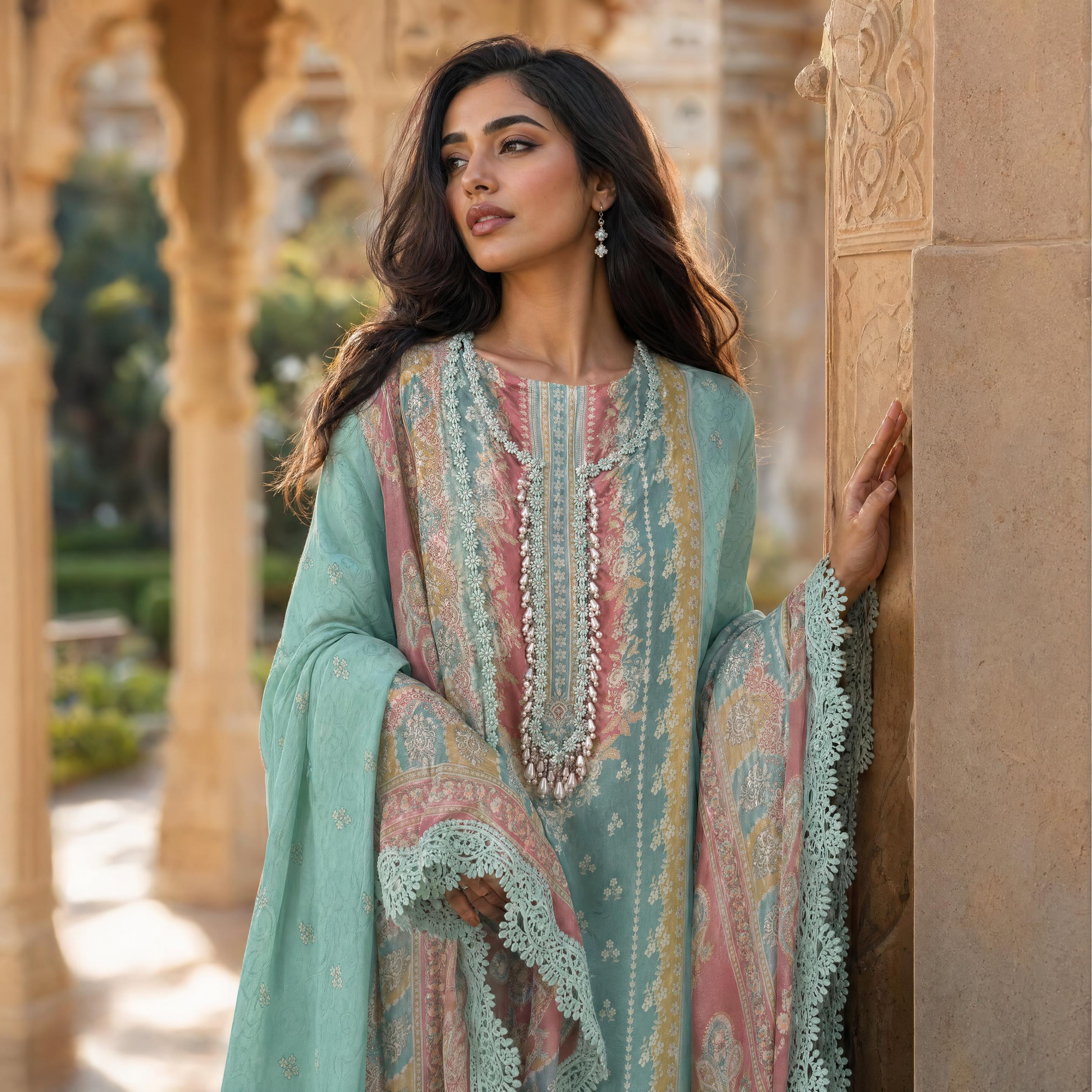 Syrah | Teal Printed Semi Stitched Crepe Suit Set