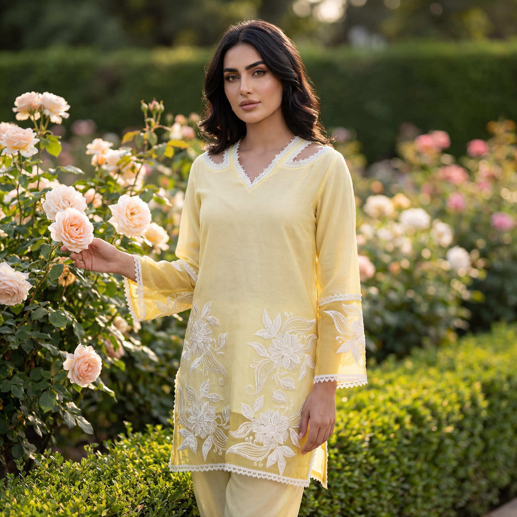 Noor | Yellow Linen Satin Kurta Set
