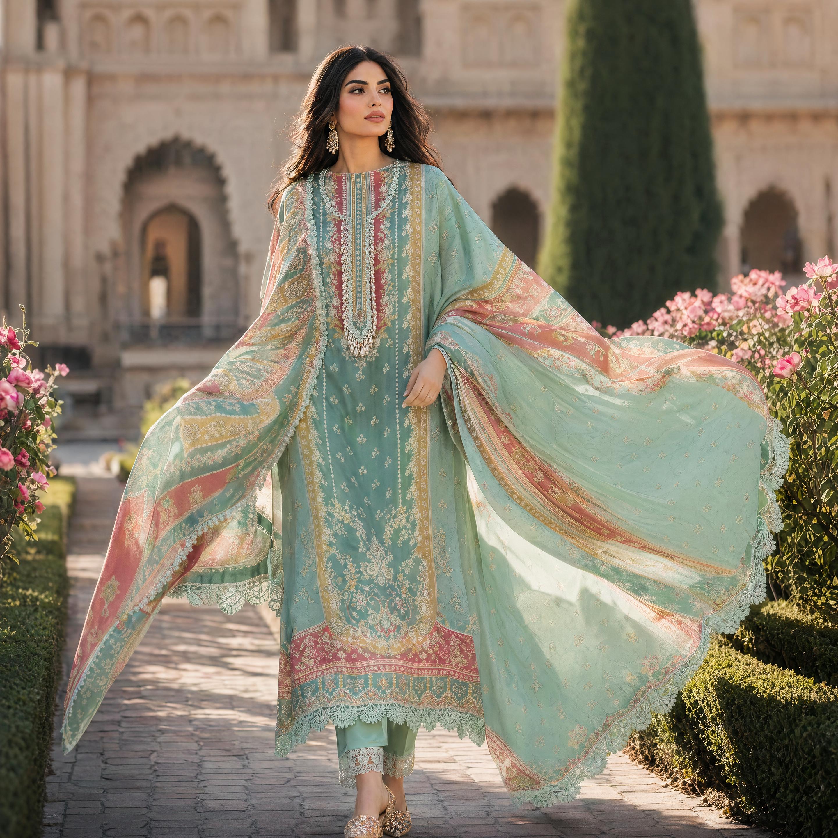 Syrah | Teal Printed Semi Stitched Crepe Suit Set