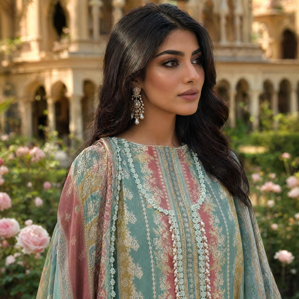 Syrah | Teal Printed Semi Stitched Crepe Suit Set